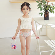 水着 上下セット セパレート タンキニ キッズ 子供用 女の子 無地 花柄 クルーネック フリル へそ出し ースリーブ スイムウェア スイミング 水泳 プール 海 海水浴 ビーチ おしゃれ かわいい カジュアル シンプル 女児 アウトドア イエロー 白 90 100 110 120 130