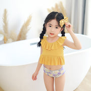 水着 上下セット セパレート タンキニ キッズ 子供用 女の子 無地 花柄 クルーネック フリル へそ出し ースリーブ スイムウェア スイミング 水泳 プール 海 海水浴 ビーチ おしゃれ かわいい カジュアル シンプル 女児 アウトドア イエロー 白 90 100 110 120 130