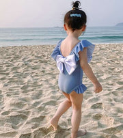 水着 スイムウェア ワンピースタイプ 帽子付き キッズ ベビー 子供 女の子 オールインワン 水泳帽 フリル バックリボン ビッグリボン 可愛い キュート お洒落 夏 プール 海 リゾート 子供水着 女児
