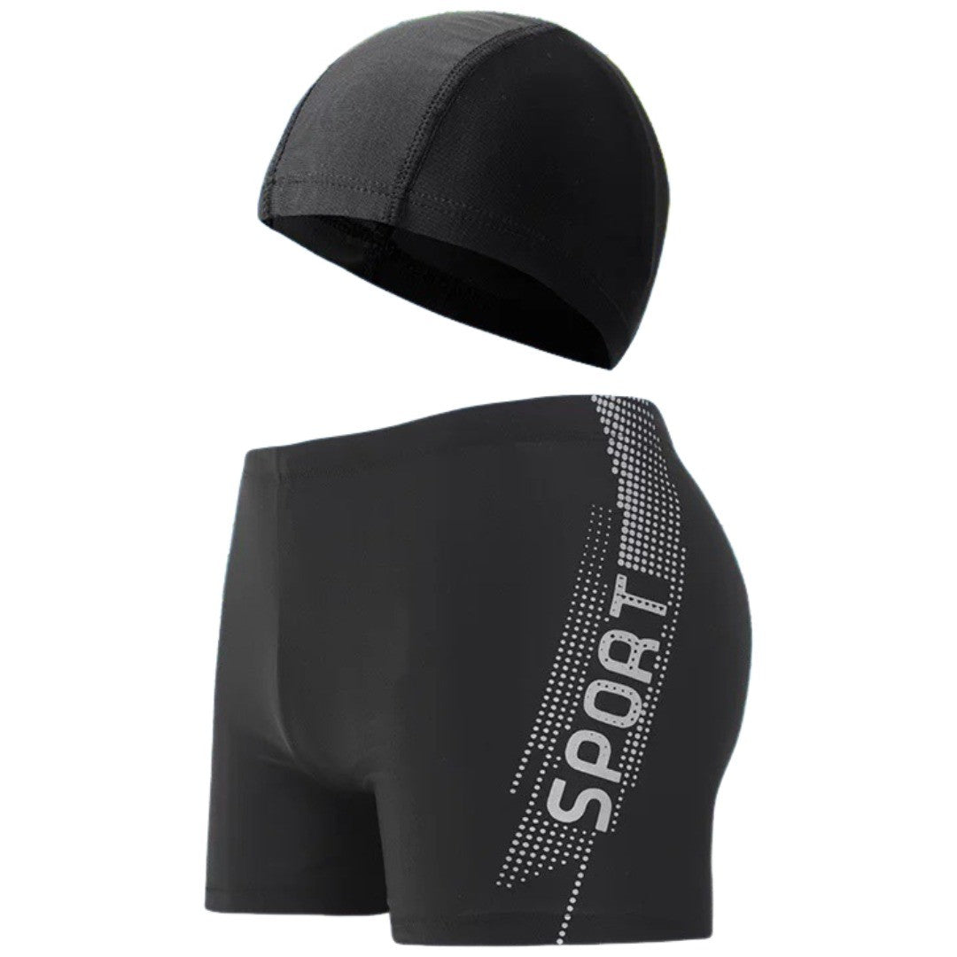 水着 帽子 2点セット メンズ スイムパンツ スイムウェア 男性用 ショート丈 ボクサー型 ボックス型 ショートパンツ キャップ 大きいサイズ ロゴ 競泳 水泳 フィットネス ジム スイミング 練習用 海パン レジャー 海水浴 プール ビーチ おしゃれ かっこいい 紳士用 ブラック