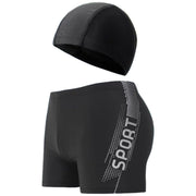 水着 帽子 2点セット メンズ スイムパンツ スイムウェア 男性用 ショート丈 ボクサー型 ボックス型 ショートパンツ キャップ 大きいサイズ ロゴ 競泳 水泳 フィットネス ジム スイミング 練習用 海パン レジャー 海水浴 プール ビーチ おしゃれ かっこいい 紳士用 ブラック