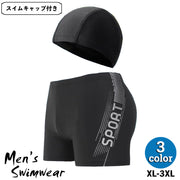 水着 帽子 2点セット メンズ スイムパンツ スイムウェア 男性用 ショート丈 ボクサー型 ボックス型 ショートパンツ キャップ 大きいサイズ ロゴ 競泳 水泳 フィットネス ジム スイミング 練習用 海パン レジャー 海水浴 プール ビーチ おしゃれ かっこいい 紳士用 ブラック