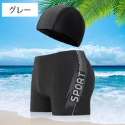 水着 帽子 2点セット メンズ スイムパンツ スイムウェア 男性用 ショート丈 ボクサー型 ボックス型 ショートパンツ キャップ 大きいサイズ ロゴ 競泳 水泳 フィットネス ジム スイミング 練習用 海パン レジャー 海水浴 プール ビーチ おしゃれ かっこいい 紳士用 ブラック