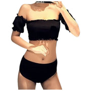 水着 上下セット 2点セット セパレート レディース スイムウェア オフショル ギャザー ハイウエスト パッド入り リブ フリル 無地 シンプル 体系カバー かわいい 大人可愛い フリフリ セクシー ラブリー キュート レッド 赤 ブラック 黒  S M L XL  リゾート 水泳 プール 海水浴 ビーチ 水遊び オシャレ 海外セレブ M L XL