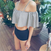 水着 ビキニ 上下セット オフショルダー レディース 女性 スイムウェア 2way フリル ドット柄 ハイウエスト かわいい おしゃれ 水泳 プール ビーチ 海