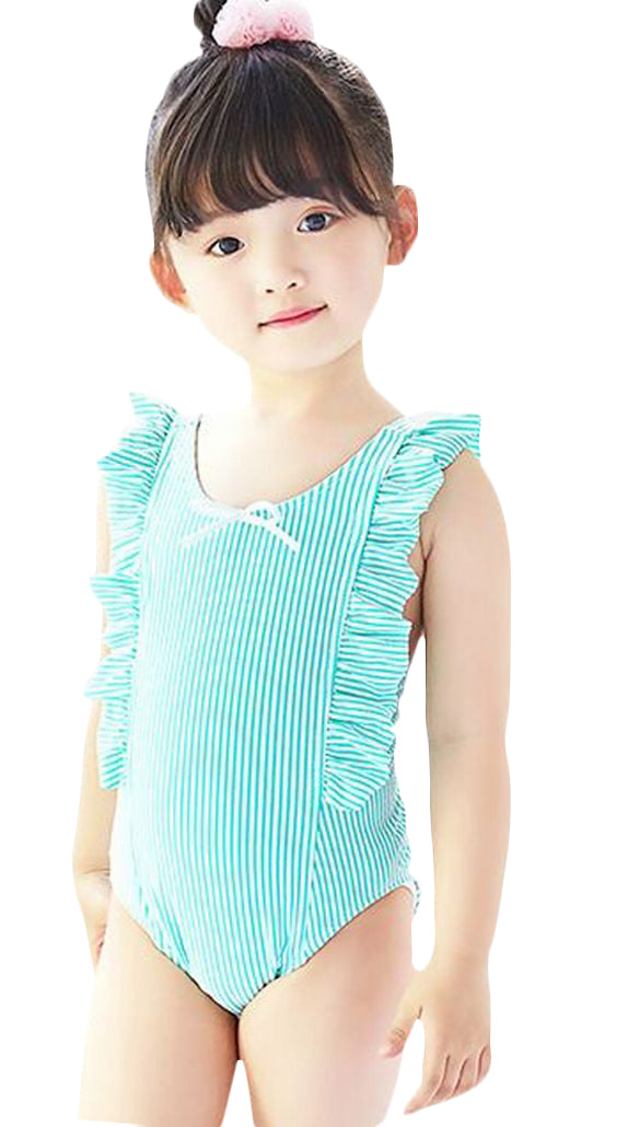 子供用水着 女の子用 ワンピースタイプ ストライプ ボーダー フリル キッズ ジュニア 女児 女の子 小学生 幼児 水着 柄 かわいい キュート ポップ 夏 カラフル プール ビーチ リゾート リボン オレンジ ピンク グリーン ブルー