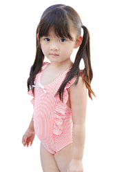 子供用水着 女の子用 ワンピースタイプ ストライプ ボーダー フリル キッズ ジュニア 女児 女の子 小学生 幼児 水着 柄 かわいい キュート ポップ 夏 カラフル プール ビーチ リゾート リボン オレンジ ピンク グリーン ブルー
