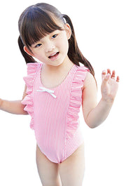 子供用水着 女の子用 ワンピースタイプ ストライプ ボーダー フリル キッズ ジュニア 女児 女の子 小学生 幼児 水着 柄 かわいい キュート ポップ 夏 カラフル プール ビーチ リゾート リボン オレンジ ピンク グリーン ブルー