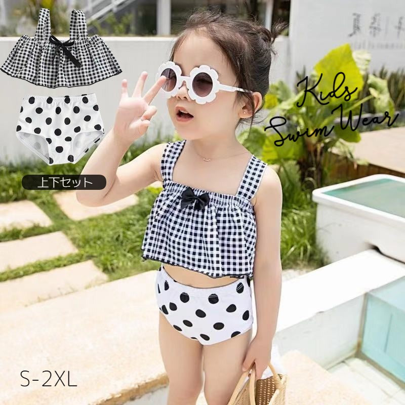 水着 2点セット セパレート スイムウェア キッズ 子供 女の子 子ども 水泳用品 上下セット スクエアネック チェック柄 ドット柄 水玉 モノクロ 袖無し ハイウエスト シンプル 夏 海 水遊び プール 保育園 幼稚園 小学生 かわいい おしゃれ ガールズ 女児