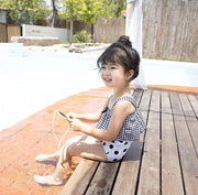 水着 2点セット セパレート スイムウェア キッズ 子供 女の子 子ども 水泳用品 上下セット スクエアネック チェック柄 ドット柄 水玉 モノクロ 袖無し ハイウエスト シンプル 夏 海 水遊び プール 保育園 幼稚園 小学生 かわいい おしゃれ ガールズ 女児