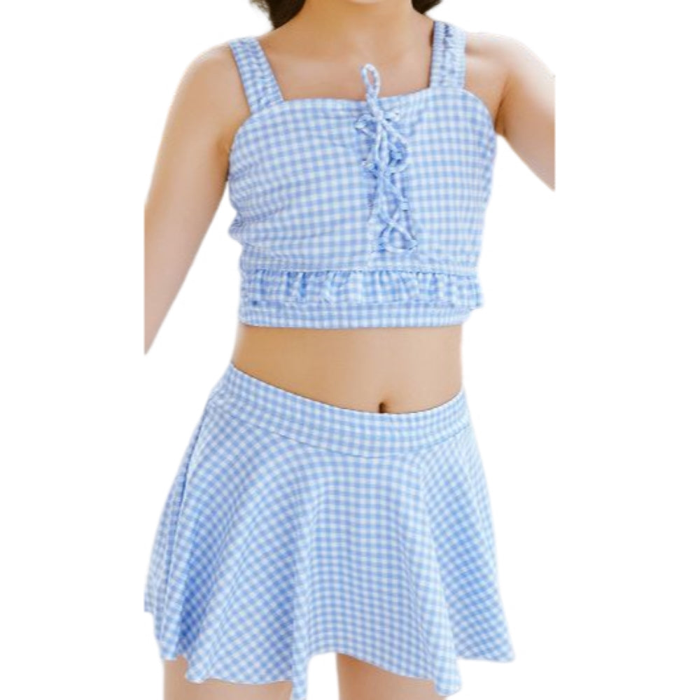 水着 タンキニ セパレート 2点セット 子供用 キッズ ジュニア 女の子 スイムウェア スカート ギンガムチェク リボン フリル 可愛い おしゃれ ガーリー プール 海水浴