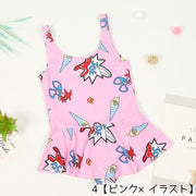 水着 ワンピースタイプ キッズ 子供用 女の子 スイムウェア 袖なし ノースリーブ フリル ドット 水玉 チェック イラスト 虹 おしゃれ かわいい オールインワン 夏 プール 海 川 水遊び 海水浴 ビーチ 小学生 ピンク ブルー レッド