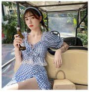 水着 タンキニ セパレート スイムウェア 2点セット チェック柄 フリル レース リボン 半袖 パフスリーブ スクエアネック ギャザー ミニスカート 上下セット かわいい キュート ガーリー おしゃれ プール ビーチ 海水浴 体型カバー 青 緑