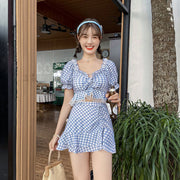 水着 タンキニ セパレート スイムウェア 2点セット チェック柄 フリル レース リボン 半袖 パフスリーブ スクエアネック ギャザー ミニスカート 上下セット かわいい キュート ガーリー おしゃれ プール ビーチ 海水浴 体型カバー 青 緑