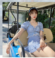 水着 タンキニ セパレート スイムウェア 2点セット チェック柄 フリル レース リボン 半袖 パフスリーブ スクエアネック ギャザー ミニスカート 上下セット かわいい キュート ガーリー おしゃれ プール ビーチ 海水浴 体型カバー 青 緑