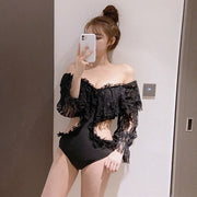 水着 ワンピースタイプ レディース 女性 スイムウェア 長袖 ベルスリーブ オフショルダー レース レースアップ お腹見せ セクシー シンプル お洒落 可愛い 夏 海水浴 海 プール 川 リゾート 婦人用