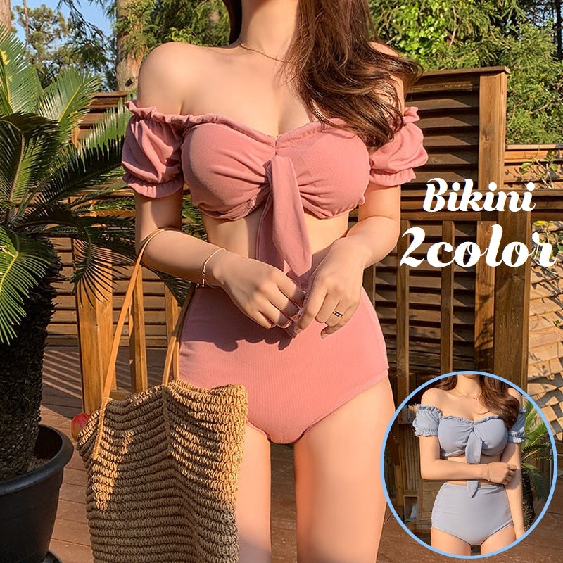 水着 ビキニ 上下セット レディース 女性 スイムウェア バンドゥ チューブトップ オフショルダー ハイウエスト パフスリーブ リボン フリル 無地 体型カバー 二の腕カバー かわいい おしゃれ 背中見せ セクシー セパレート トップス ボトムス 袖あり パッド付き プール ビーチ リゾート 海水浴 ピンク ブルー