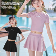 水着 スイムウェア 上下セット セットアップ キッズ ジュニア レディース 女の子 女性 子ども用 子供用 セパレート Tシャツ風 スカート風 100 110 120 130 140 150 海水浴 プール ビーチ 丸首 ラウンドネック 半袖 ロゴ 英語 ピンク ブラック 2XL以上 3XL 4XL 5XL シンプル カジュアル
