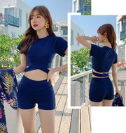 水着 タンキニ パレオ 3点セット レディース スイムウェア セパレート 短パン Tシャツ型 半袖 リーフ柄 ショートパンツ ボーイレッグ ロングスカート 巻きスカート 体型カバー 露出控えめ 上下セット おしゃれ かわいい ママ水着 プール ビーチ 海水浴 旅行 ボタニカル