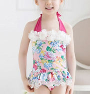 ワンピース水着 キッズ 子ども スイムウェア ワンピース スイミングキャップ付き 花 リボン 飾り 女の子 かわいい フリル 花柄 プール 海 かわいい おしゃれ