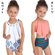女の子用水着 上下2点セット タンキニ セパレート スイムウエア 子供用 キッズ セットアップ ツーピース プール スイミング 海水浴 ビーチ リゾート 川 水遊び 夏 おしゃれ 可愛い かわいい ダマスク柄 花柄 フラワー リーフ柄 葉っぱ 女児 こども用 子ども用 小学生 スイムウェア