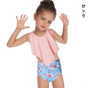 女の子用水着 上下2点セット タンキニ セパレート スイムウエア 子供用 キッズ セットアップ ツーピース プール スイミング 海水浴 ビーチ リゾート 川 水遊び 夏 おしゃれ 可愛い かわいい ダマスク柄 花柄 フラワー リーフ柄 葉っぱ 女児 こども用 子ども用 小学生 スイムウェア