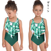 女の子用水着 上下2点セット タンキニ セパレート スイムウエア 子供用 キッズ セットアップ ツーピース プール スイミング 海水浴 ビーチ リゾート 川 水遊び 夏 おしゃれ 可愛い かわいい ダマスク柄 花柄 フラワー リーフ柄 葉っぱ 女児 こども用 子ども用 小学生 スイムウェア
