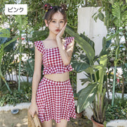 水着 レディース 可愛い タンキニ 上下セット セパレート チェック柄 フリル ノースリーブ ミニスカート スイムウエア おしゃれ プール 海水浴 ビーチ 水遊び リゾート 水泳 女の子 女性用 婦人用
