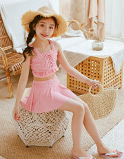 水着 スイムウェア キッズ 子ども用 子供用 女の子 セパレート キャミソール スカート フリル 総柄 チェック ブルー ピンク グリーン カジュアル ポップ シンプル かわいい キュート ガーリー プール 海水浴 リゾート 夏