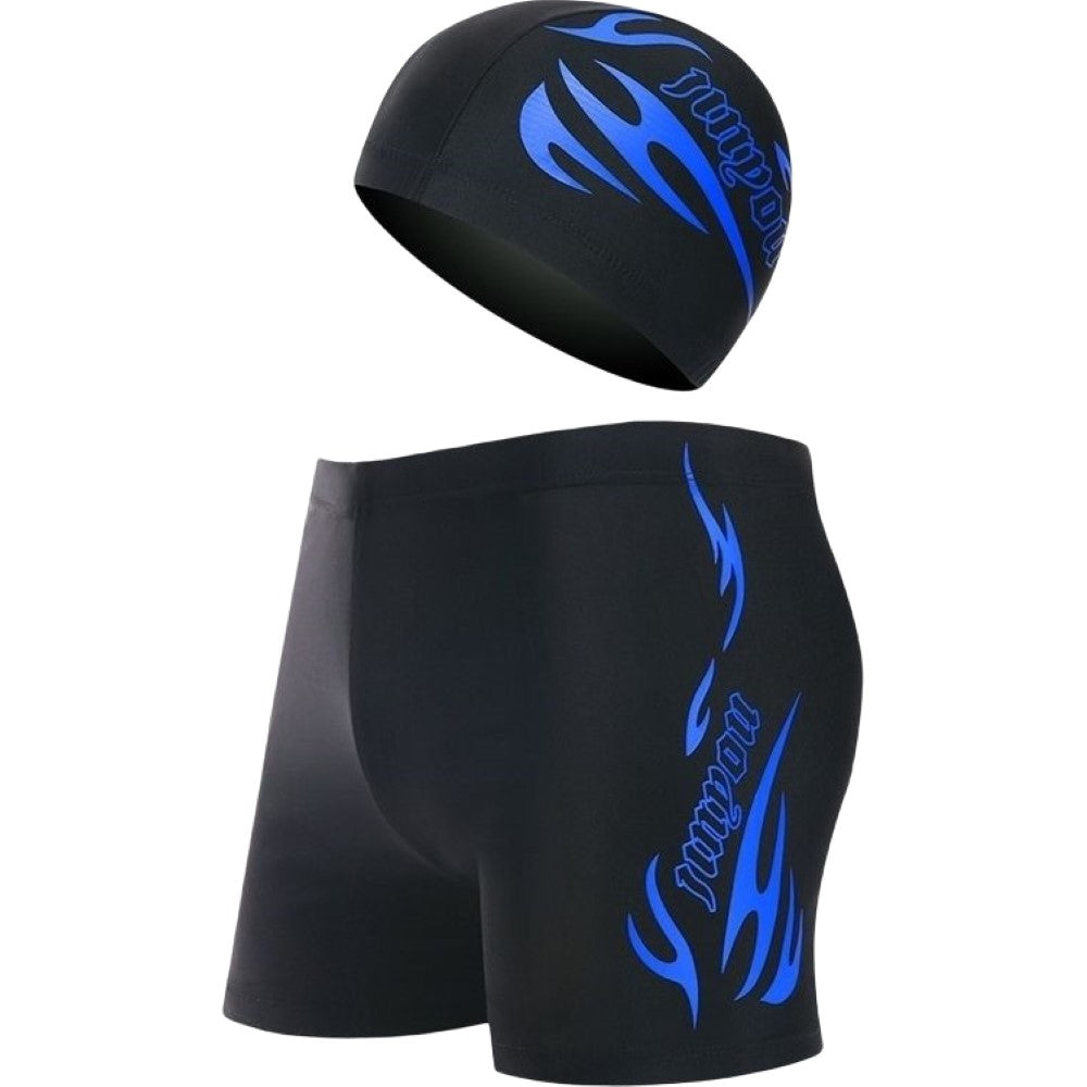 水着 帽子 2点セット メンズ スイムウェア パンツ スパッツ ショート丈 ボクサー型 ボックス型 キャップ 競泳 水泳 フィットネス 大きいサイズ 通気性 速乾性 伸縮性 ジム スイミング 練習用 海水浴 レジャー プール ビーチ スポーツ かっこいい おしゃれ プリント ロゴ 英字 炎 ファイヤー ファイアー 海パン 短パン 男性 大人用 ブルー レッド