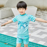 水着 上下セット 2点セット 子供用 キッズ ジュニア 男の子 スイムウェア 半袖 セパレート 水泳用品 短パン ショートパンツ クルーネック 海 プール ラッシュガード 川 水遊び 恐竜 ロゴ 男児 こども用