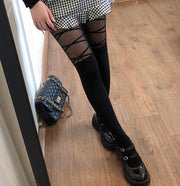 パンティストッキング パンスト ニーハイ風 レディース 女性用 レースアップ 編み上げ リボン シースルー 透け感 セクシー 可愛い おしゃれ コスプレ ロリータ ゴスロリ 仮装