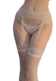 ガーターストッキング 網ストッキング レディース 女性用 サスペンダー 一体型 セクシー ランジェリー インナー 網タイツ レース 花柄 透け感 シアー シースルー 薄手 メッシュ コスプレ 黒 白 ブラック ホワイト