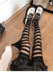 ストッキング 包帯風 レディース 女性用 しましま 太ボーダー 透け感 柄ストッキング おしゃれ かわいい ほうたい風 ロリータ ゴスロリ コスプレ インナー レッグウェア