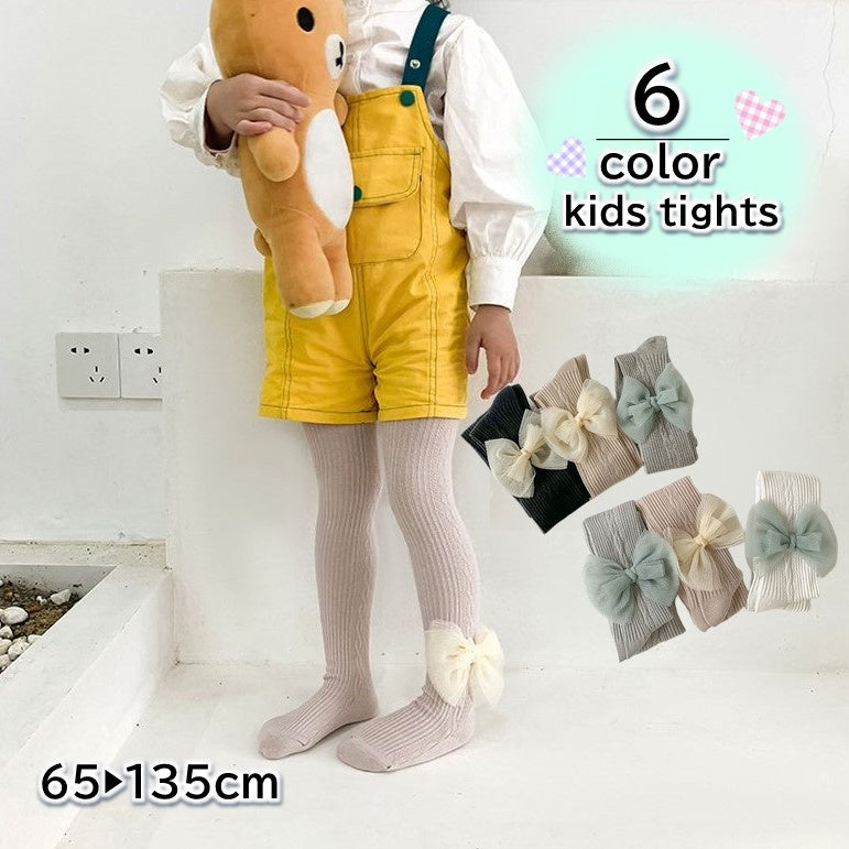 タイツ キッズ ベビー 赤ちゃん 幼児 女の子 足首リボン チュール レッグウェア かわいい おしゃれ キュート シンプル 単色 無地 リブ 通園 通学 お出かけ 防寒 寒さ対策 くすみカラー 着回し