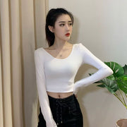 カットソー レディース 女性 婦人 長袖 ラウンドネック 丸首 トップス ショート丈 シンプル かわいい おしゃれ タイト