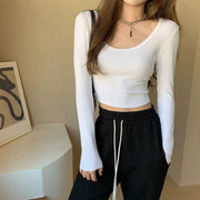 カットソー レディース 女性 婦人 長袖 ラウンドネック 丸首 トップス ショート丈 シンプル かわいい おしゃれ タイト