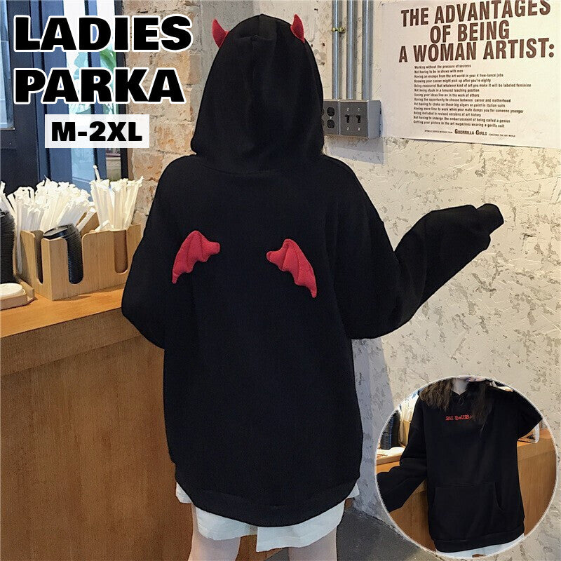 パーカー レディース 女性用 トップス フーディ スウェット プルオーバー 長袖 裏起毛 デビル ツノ 大きいサイズ ゆったり おしゃれ