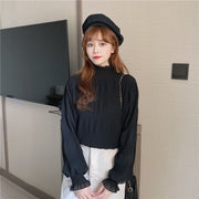 ブラウス レディース 女性 トップス 長袖 ハイネック フリル襟 袖フリル プルオーバー 無地 ホワイト ブラック フェミニン シック ライトフォーマル ガーリー かわいい キュート 大人女子 春 秋