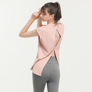 ヨガウェアトップス Tシャツ 半袖クルーネック レディース 女性 婦人 オープンバック 無地 単色 シンプル おしゃれ スポーツ トレーニング エクササイズ