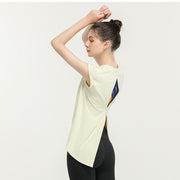 ヨガウェアトップス Tシャツ 半袖クルーネック レディース 女性 婦人 オープンバック 無地 単色 シンプル おしゃれ スポーツ トレーニング エクササイズ