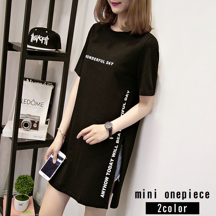 ミニワンピース レディース 女性用 半袖 ラウンドネック Tシャツ ビッグT スリット ロゴ 重ね着 レイヤード チュニック おしゃれ