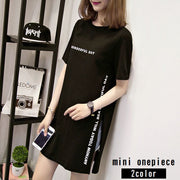 ミニワンピース レディース 女性用 半袖 ラウンドネック Tシャツ ビッグT スリット ロゴ 重ね着 レイヤード チュニック おしゃれ