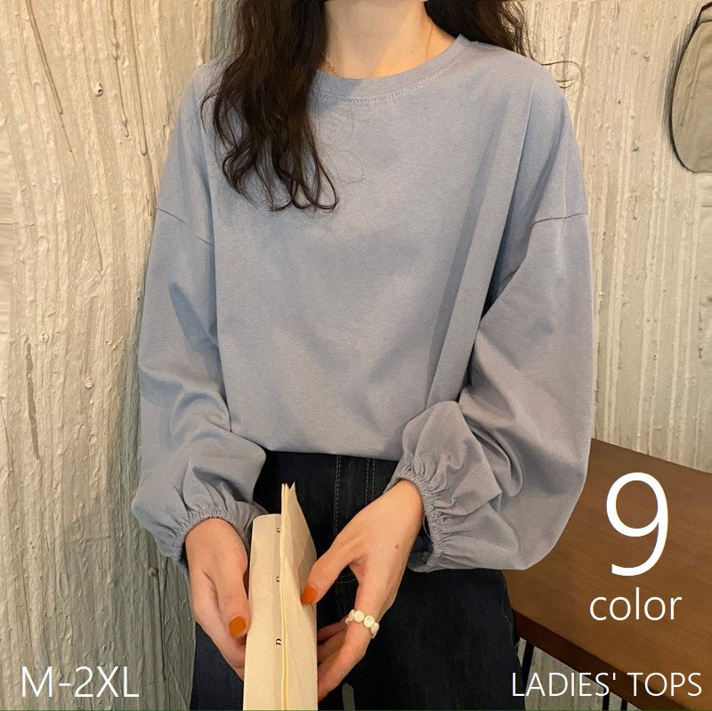 カットソー 長袖 レディース 女性 婦人服 トップス 大きいサイズ ラウンドネック 袖ゴム ドロップショルダー 単色 無地 トレーナー ブラウス シンプル 着回し ヘビロテ かわいい カジュアル おしゃれ 黒 紫 黄 白 ピンク 青 ワイン 緑