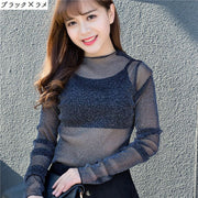 ブラウス 長袖 レディース シースルー 透け感 チュール ハイネック トップス プルオーバー おしゃれ かわいい セクシー 上品 フェミニン ストライプ柄 ドット柄 水玉柄 星 スター 女性用 婦人用