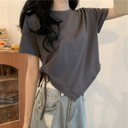 カットソー 半袖 レディース トップス 単品 無地 単色 ラウンドネック 定番 Tシャツ スリットデザイン リボン 着回し 可愛い カジュアル おしゃれ お出かけ 部屋着 女の子 女性用 婦人服 黒 グレー