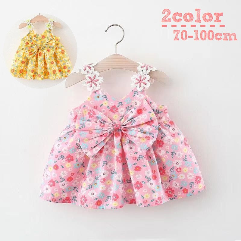 ワンピース Aライン フレア キッズ 子供服 ベビー 赤ちゃん 女の子 ノースリーブ 袖なし 膝丈 リボン 総柄 花柄 フラワー レース ドレス かわいい ふんわり キュート ガーリー おしゃれ ナチュラル ヘビロテ 通気性 お出かけ 発表会 通園 通学 ピンク 黄