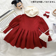 ワンピース ニットワンピ キッズ ベビー 子供服 赤ちゃん 女の子 ミニ丈 長袖 クルーネック ボリューム袖 無地 単色 シンプル かわいい おしゃれ