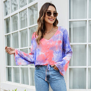 長袖カットソー レディース 婦人服 トップス プルオーバー Vネック フレアスリーブ タイダイ柄 プリント マーブル フェイクボタン 絞り染め風 おしゃれ かわいい 普段使い カジュアル