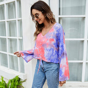 長袖カットソー レディース 婦人服 トップス プルオーバー Vネック フレアスリーブ タイダイ柄 プリント マーブル フェイクボタン 絞り染め風 おしゃれ かわいい 普段使い カジュアル